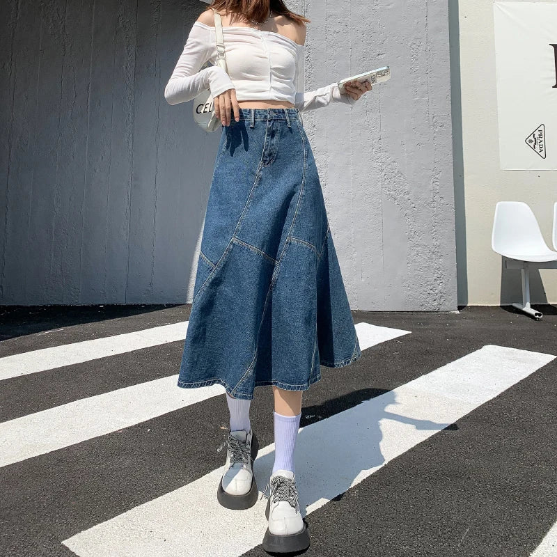 Vintage Women Denim Trumpet Skirt Streetwear Casual Irregular P