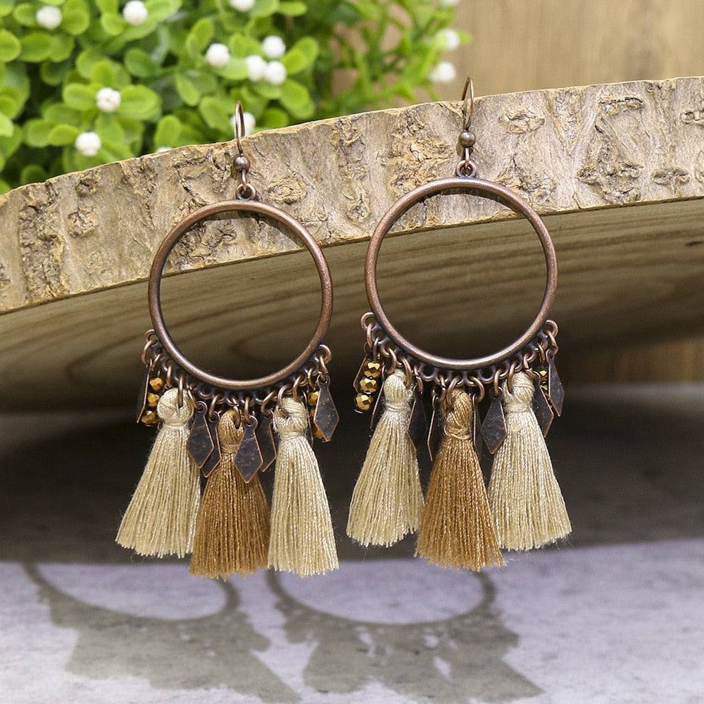 Bohemian Ethnic Brown Tassel Natural Wooden Hanging Earrings