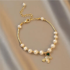 Elegant Pearl Bee Pendant Charm Bracelet Jewelry