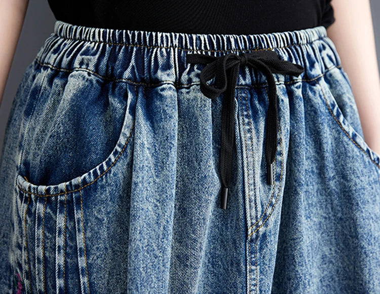 Vintage Ethnic Style Embroidery Denim Skirts Elastic High Waist