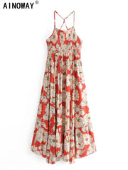 Vintage Chic Floral Print Sleeveless Bohemian Spaghetti Dress