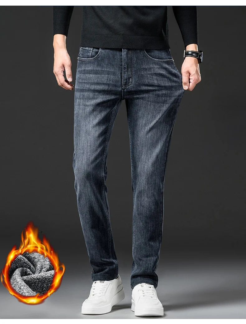 Winter Men's Slim Straight Fleece Jeans Fashion Classic