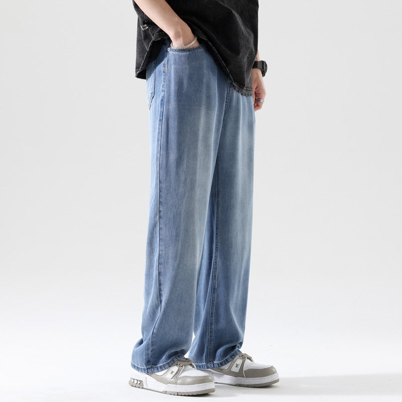 Men's Jeans Thin Loose Straight Pants Brand Elastic Waist