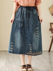 High Waist Denim Long Skirt Women Vintage Style Floral Embroidery