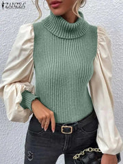 Turtleneck Knitted Sweaters Color Block Women Fashion Pullover Tops