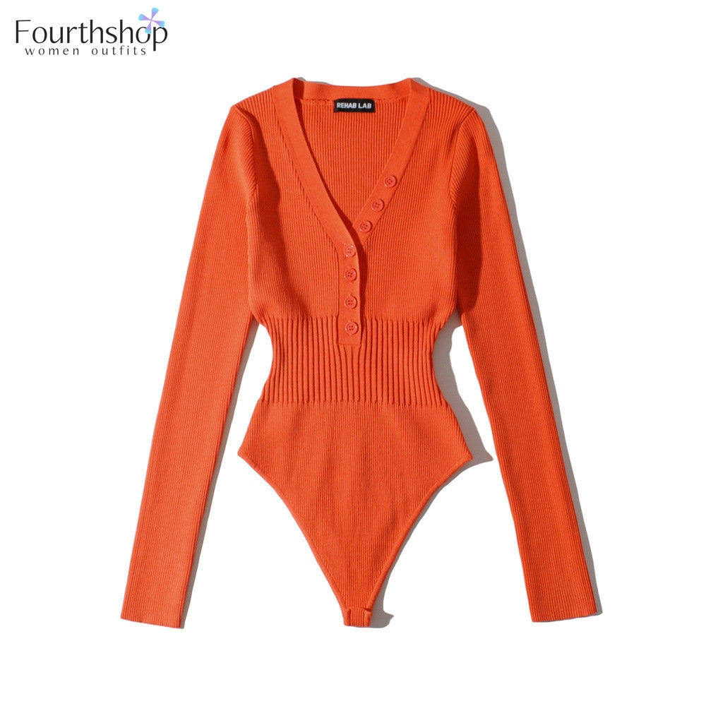 Long Sleeved Sexy V-neck Knitted Bodysuits Women Solid Elastic