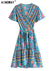 Hippie Floral Print V-neck Bohemian Mini Dress