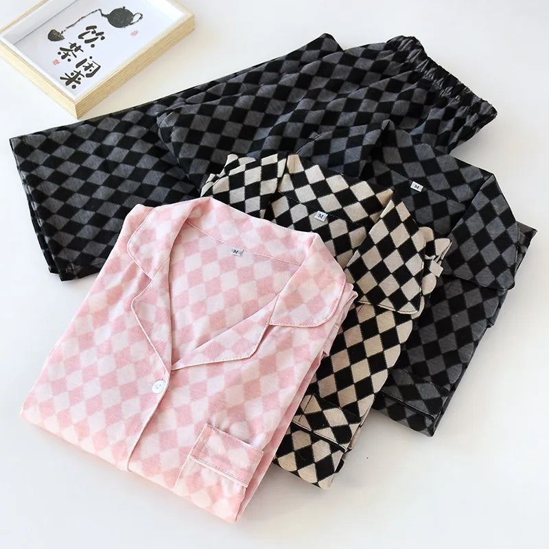 Couple Cotton Knitted Pajamas Set Plaid Home Wear Long Sleeve