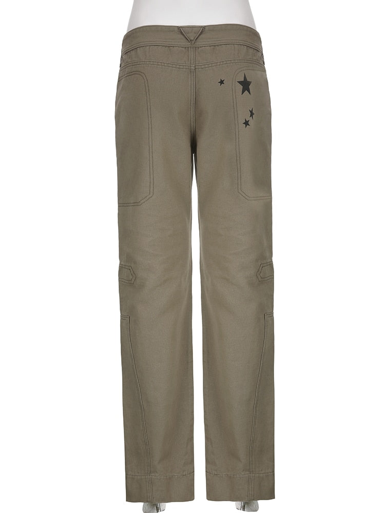 Zip Pocket Stitch Khaki Jeans Star Print Low Waist Y2K Streetwear