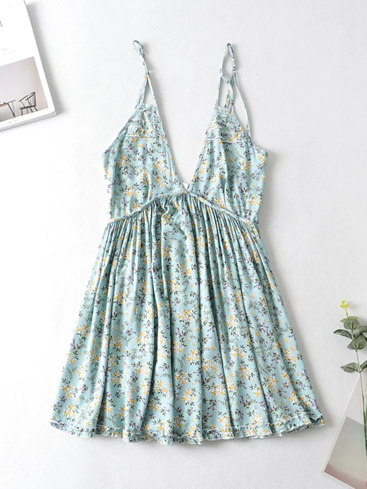 Vintage Green Floral Print Sleeveless Bohemian Strap Dress