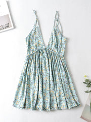 Vintage Green Floral Print Sleeveless Bohemian Strap Dress