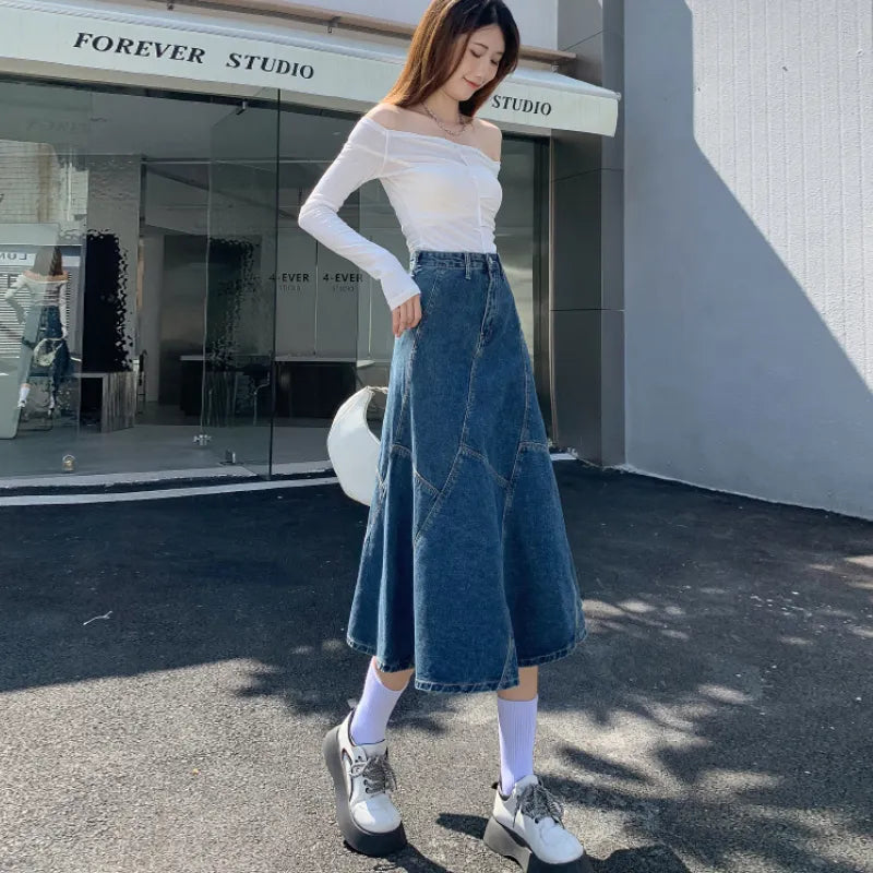 Vintage Women Denim Trumpet Skirt Streetwear Casual Irregular P