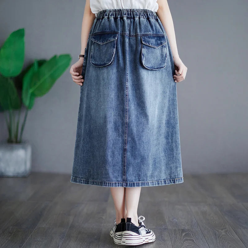 Denim Embroidery Floral Vintage A-line Skirt Pockets