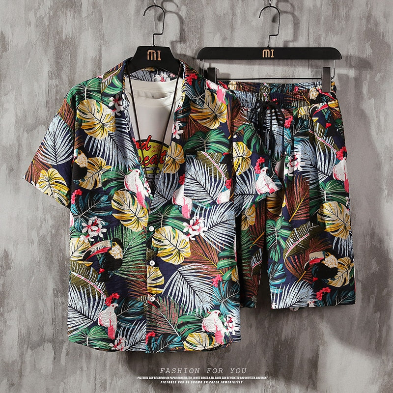 Men's 2 Pieces Set Hawaiian Shirts +Beach Shorts Mens Casual