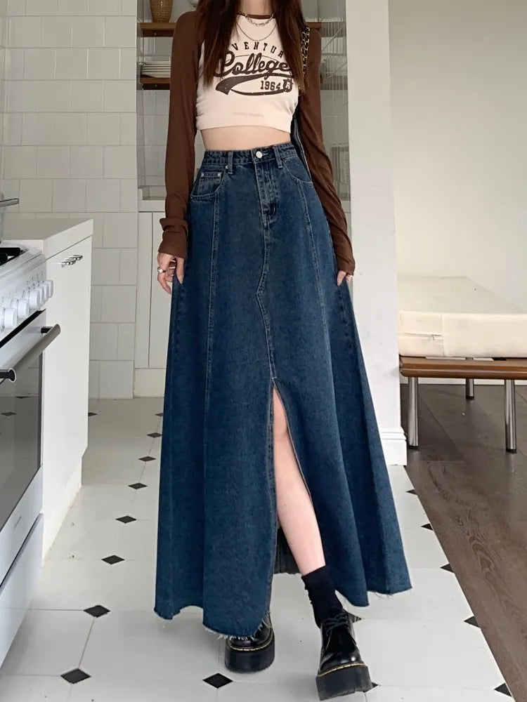 Vintage Blue A-line Split Hem Denim Long Loose High Waist