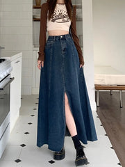 Vintage Blue A-line Split Hem Denim Long Loose High Waist