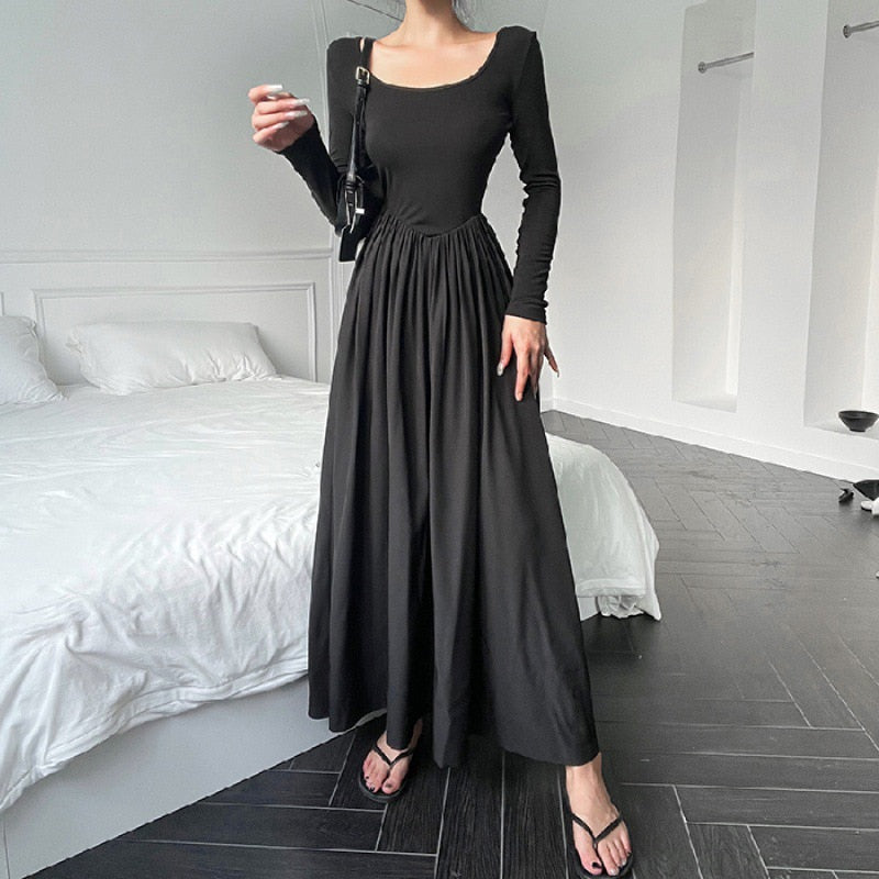 Style Fashion A Line Elastic Slim Long Sleeve Midi Dress