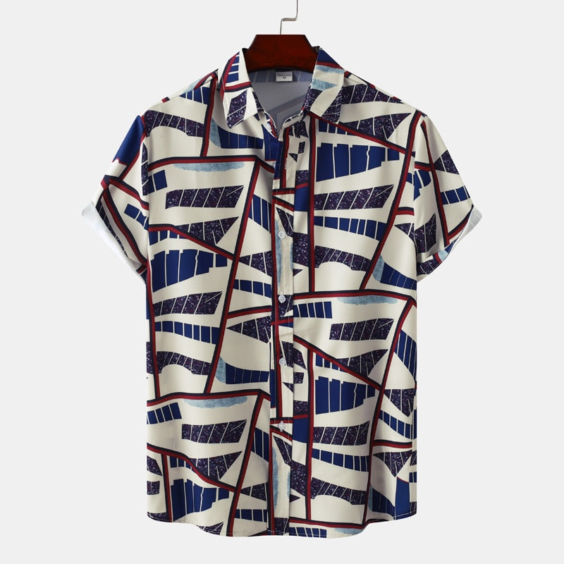 Pattern Print Hawaiian Shirt Men Short Sleeve Button