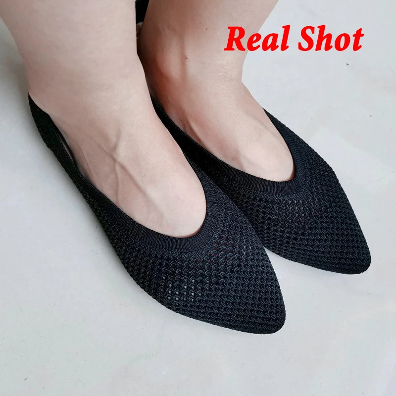 Knitted Ballet Flats Mesh Breathable Pointed Toe Slip on Loafers