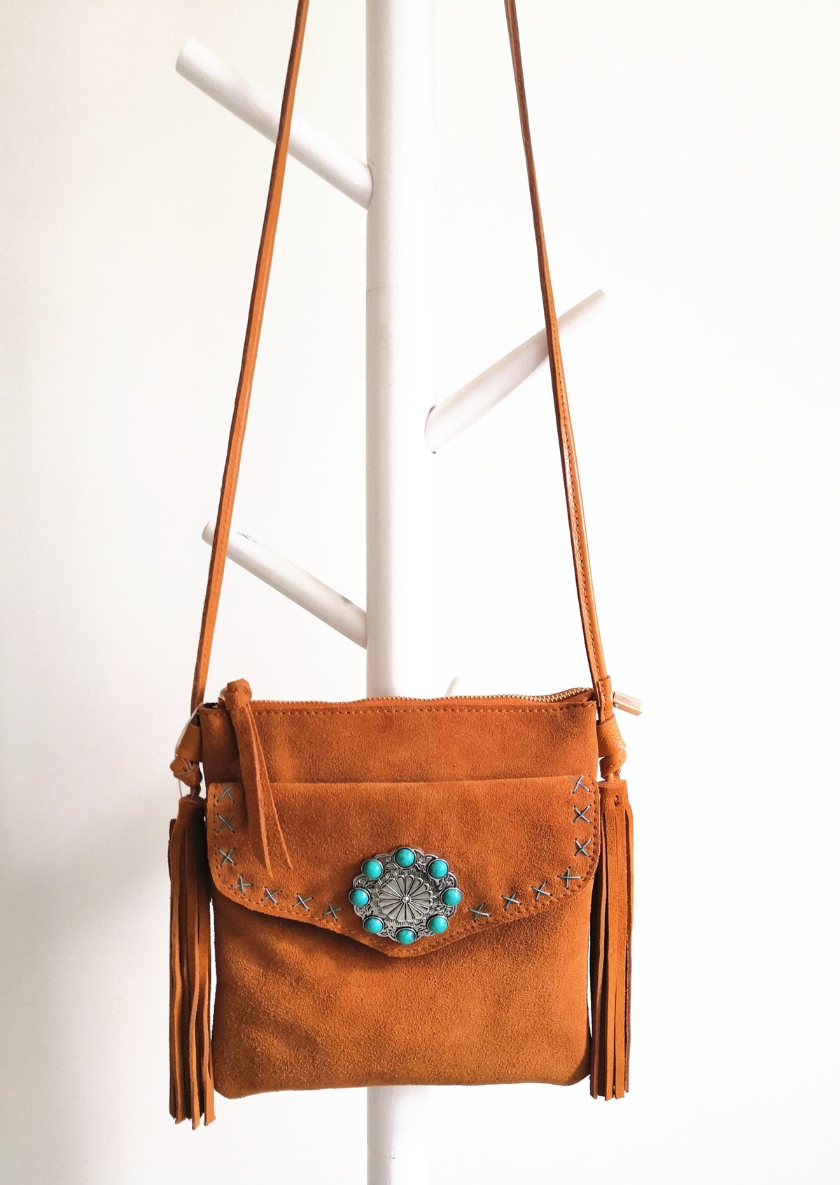 Genuine Leather Suede Bohemian Pouch Handbag Boho Chic Gypsy Hippie