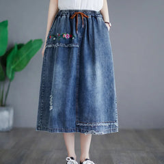 Denim Embroidery Floral Vintage A-line Skirt Pockets