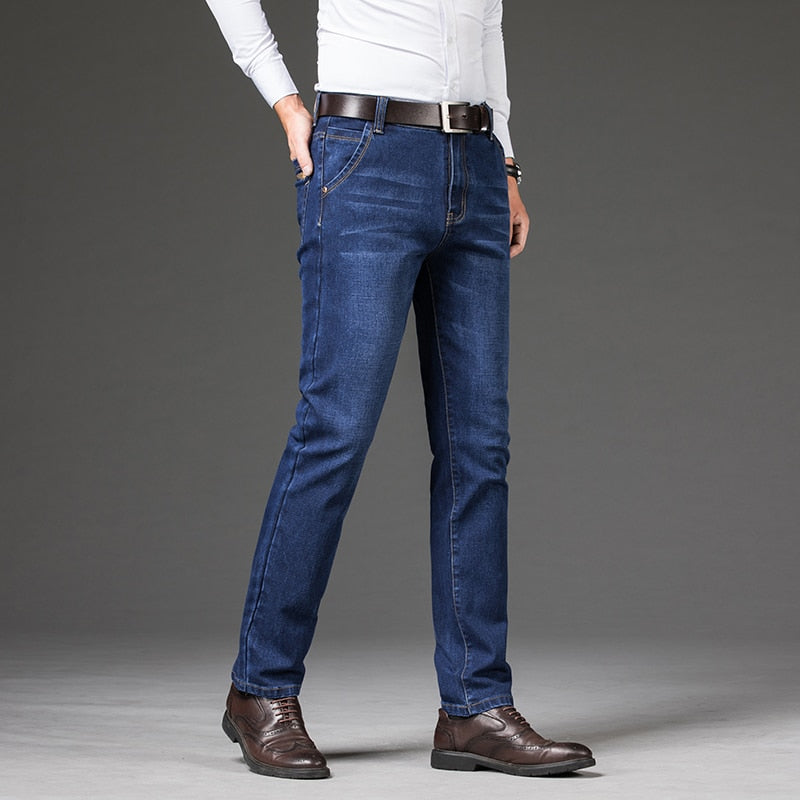 Men Classic Straight Business Denim Pants Brand Stretch Slim Trousers