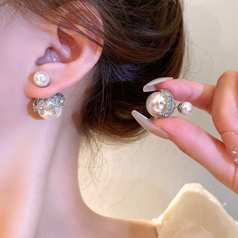 Fashion Zircon Tulip Flower Pearl Stud Earrings