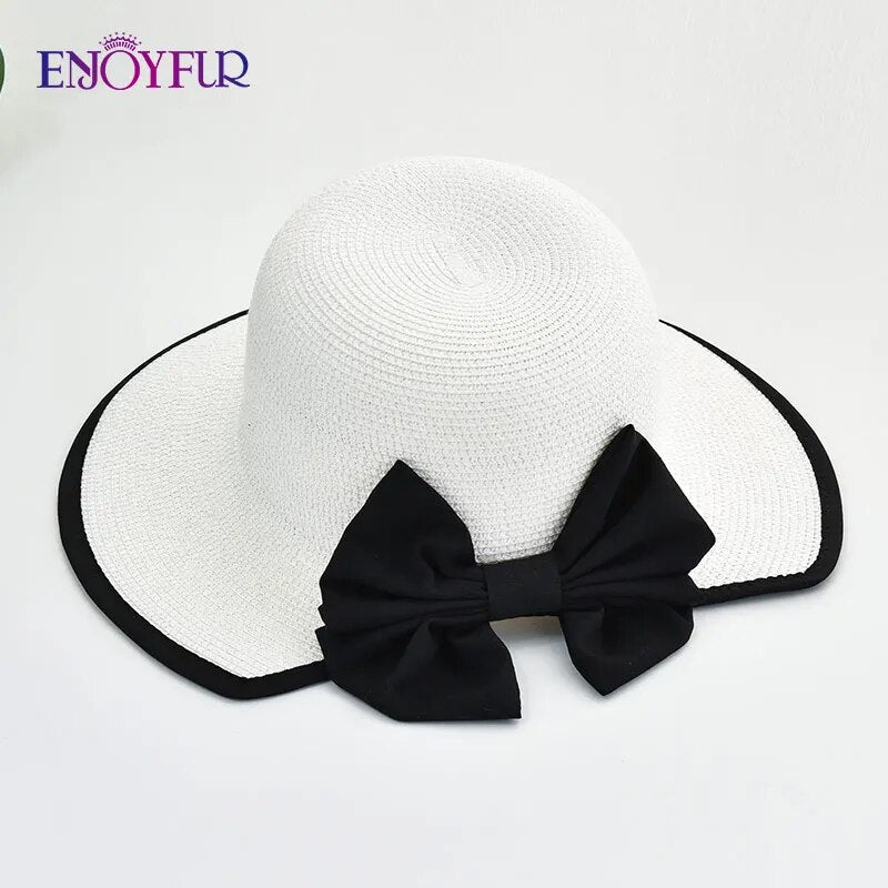 Summer Sun Straw Hats for Women Ribbon Bow Beach Fashion