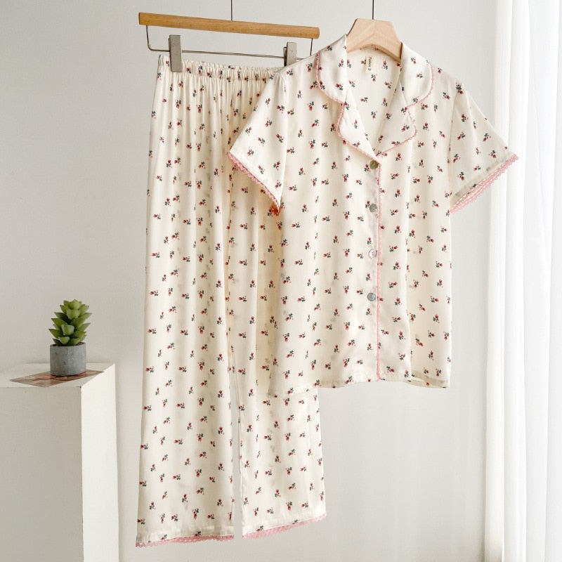 Pajama Sets Silk Short Sleeve Sleepwear Floral