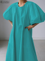 Dress Lantern Sleeve O-Neck Solid Color Loose Ankle Length