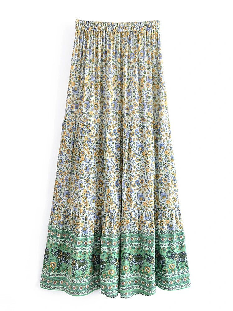 Vintage Bohemian Green Floral Print Pleated Skirt