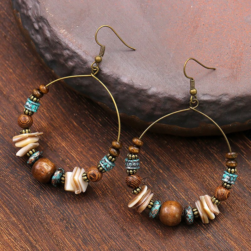 Vintage Bohemian Big Circle Earrings Ethnic Wood Bead