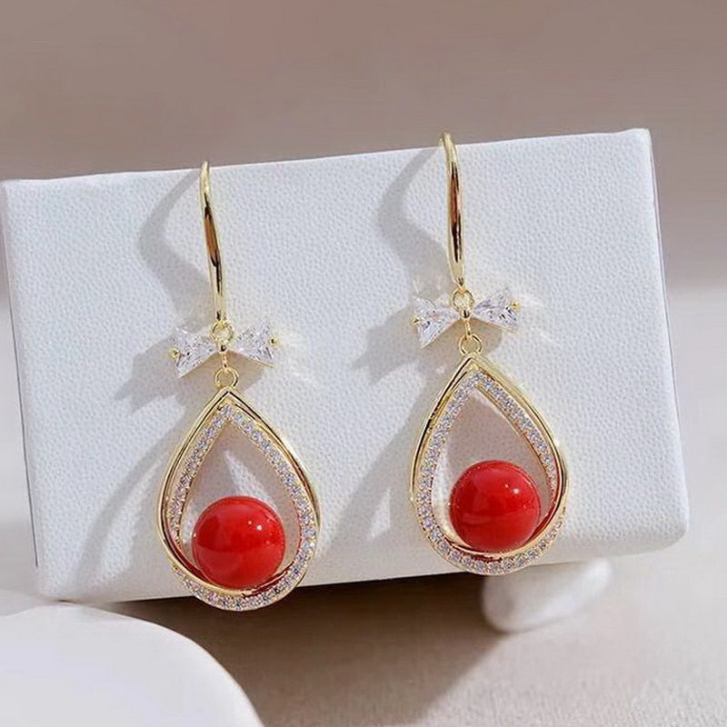 Fashion Red Rose Rhinestone Stud Earrings Flowers Jewelry