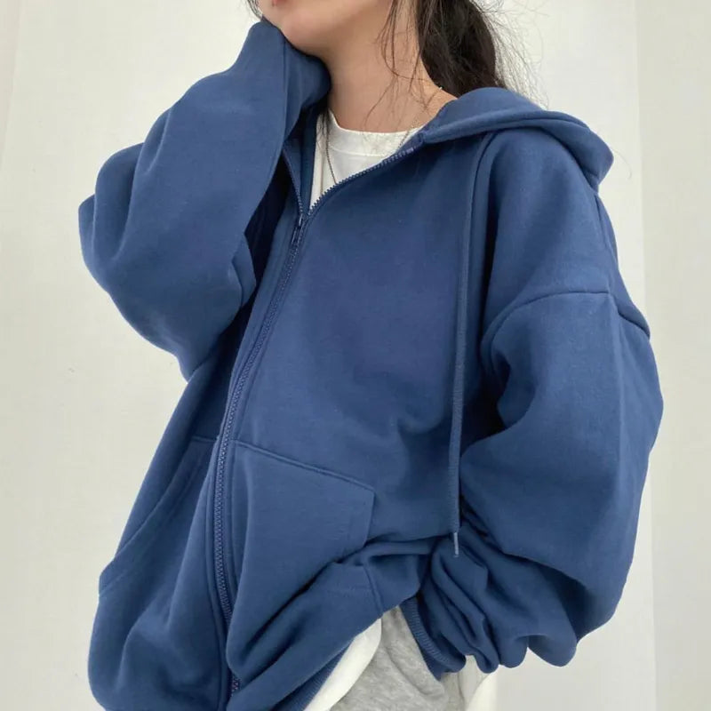 Zip Up Hoodie Retro Long Sleeve Oversized Solid Color