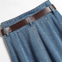 Style Women's Fashion Single-Breasted Belt Denim Skirt