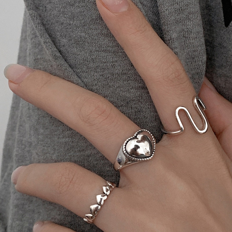 Heart Silver Color Rings Set Crystal Hollow Rings