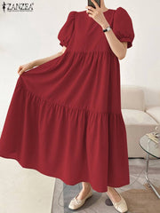 Woman Casual Tiered Dress Puff Short Sleeve Solid Color