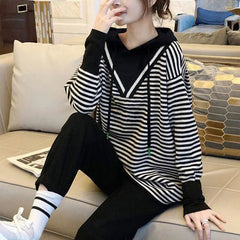 Style Vintage Striped Patchwork Hoodies Loose Casual