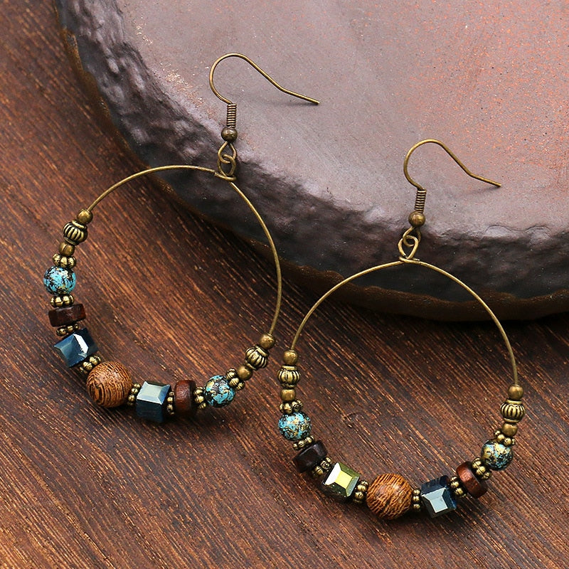 Vintage Bohemian Big Circle Earrings Ethnic Wood Bead