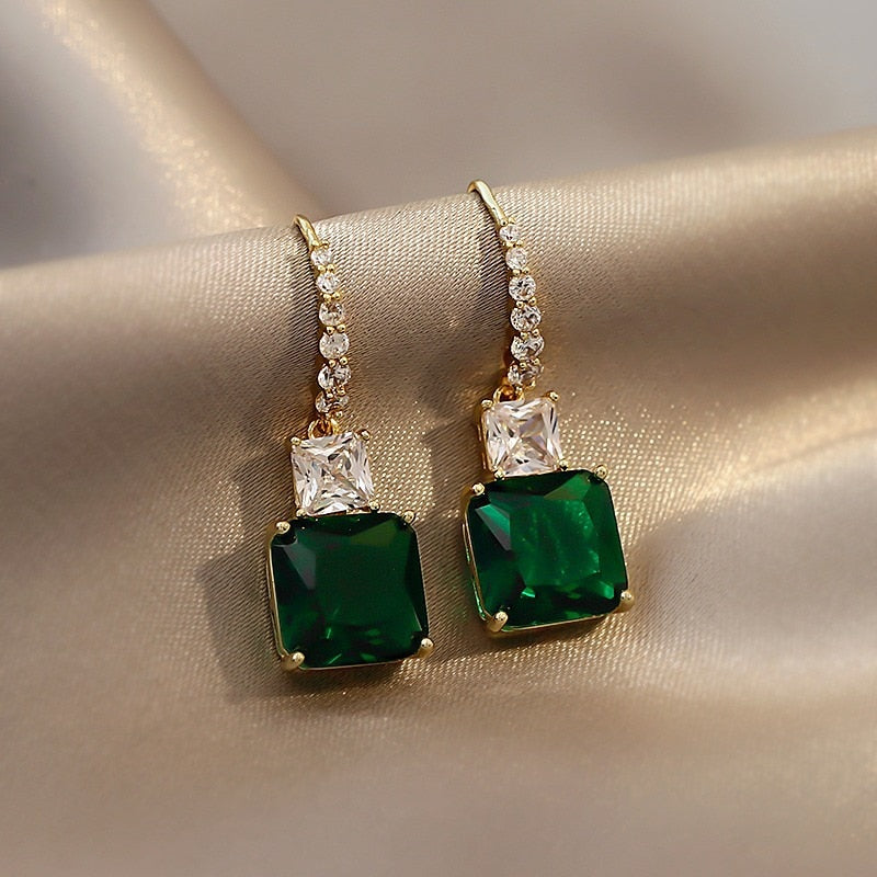 Green Square Crystal Stud Earrings Trendy Rhinestone