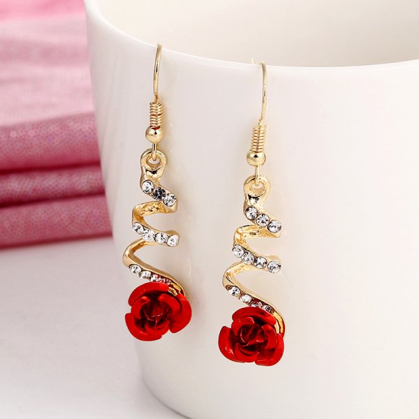 Fashion Red Rose Rhinestone Stud Earrings Flowers Jewelry