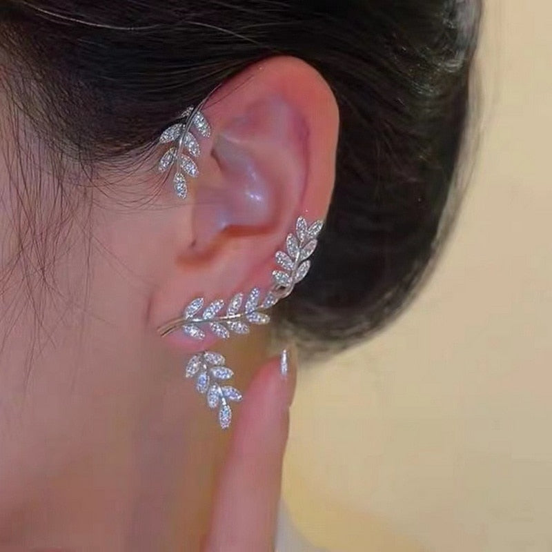 Exquisite Sparkling Zircon Leaves Ear Cuff Stud Earring