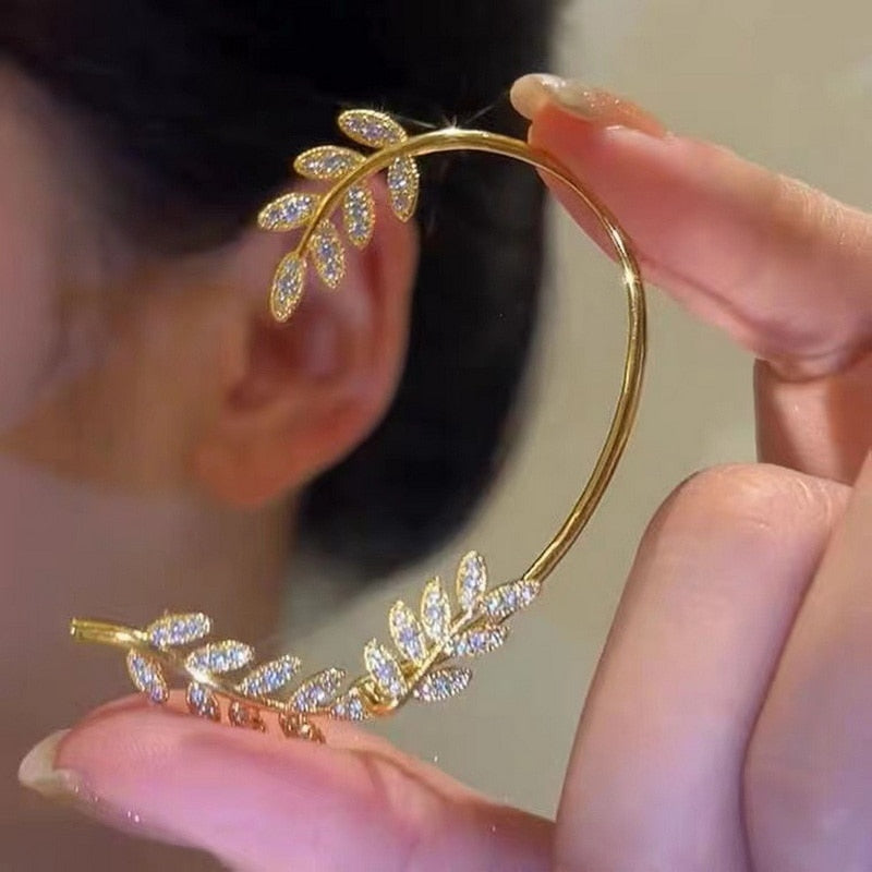 Exquisite Sparkling Zircon Leaves Ear Cuff Stud Earring