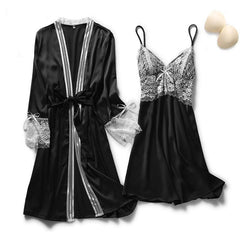 2PCS Lace Robe Gown Sets Strap Nightgown Satin Nighty Bathrobe