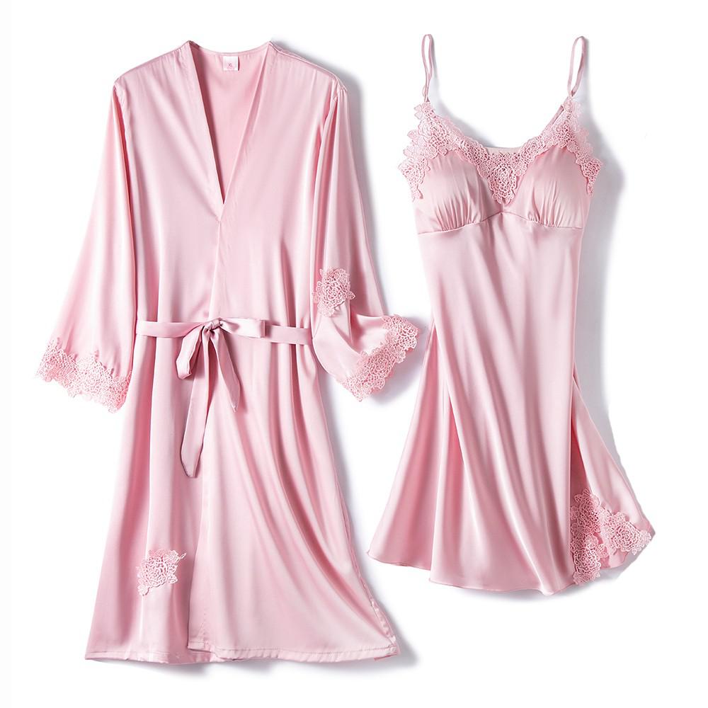 2PCS Lace Robe Gown Sets Strap Nightgown Satin Nighty Bathrobe