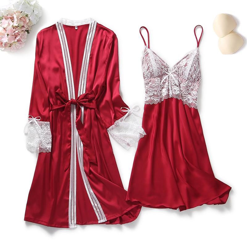 2PCS Lace Robe Gown Sets Strap Nightgown Satin Nighty Bathrobe