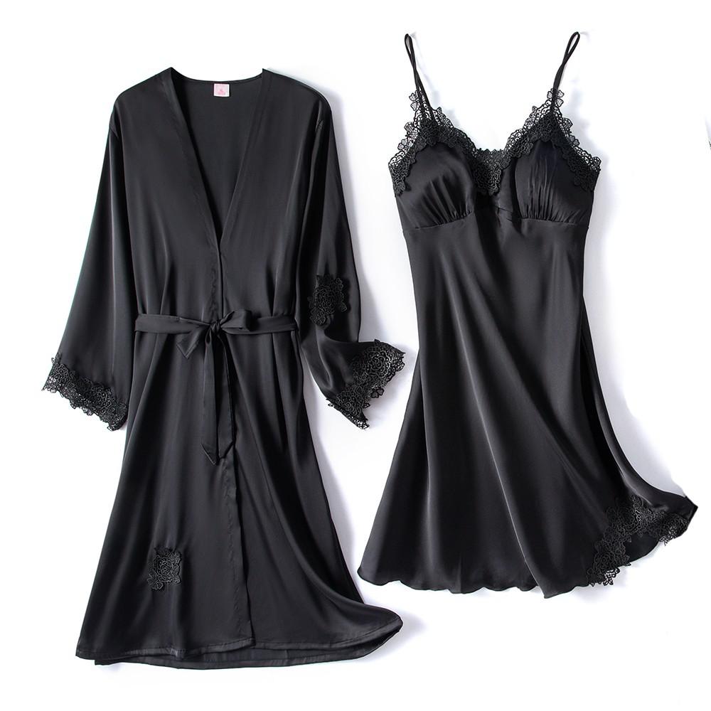 2PCS Lace Robe Gown Sets Strap Nightgown Satin Nighty Bathrobe