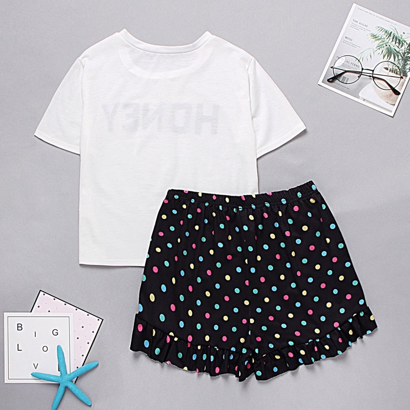 Lips Print Tshirt Cartoon Elastic Waist Shorts Casual Sleepwear