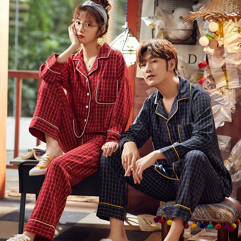 Couple Pajamas Set Cardigan Women and Men Pajamas Long Sleeve Sleepwear