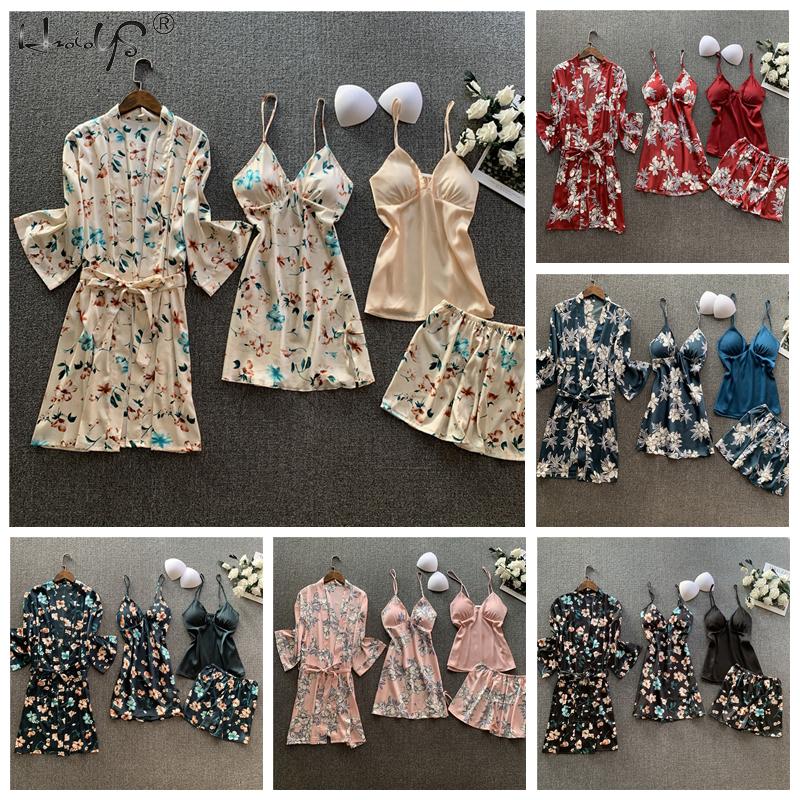 4 PCS Women Pajamas Sets Silk Satin Pajamas Sets